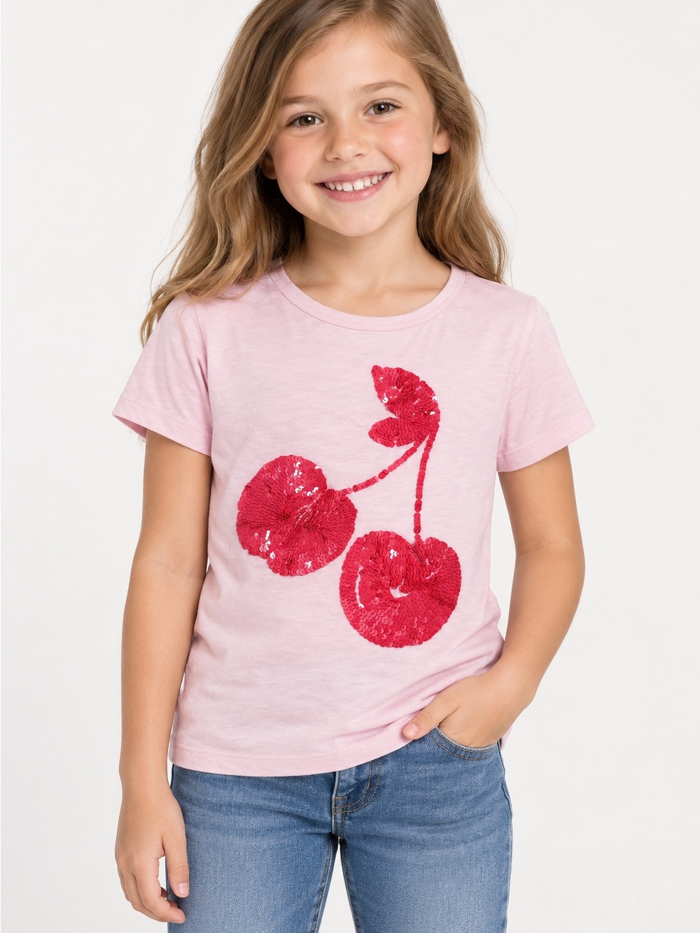 Mini Boden Girls Pink Sequin Cherry T-Shirt Size 7–8